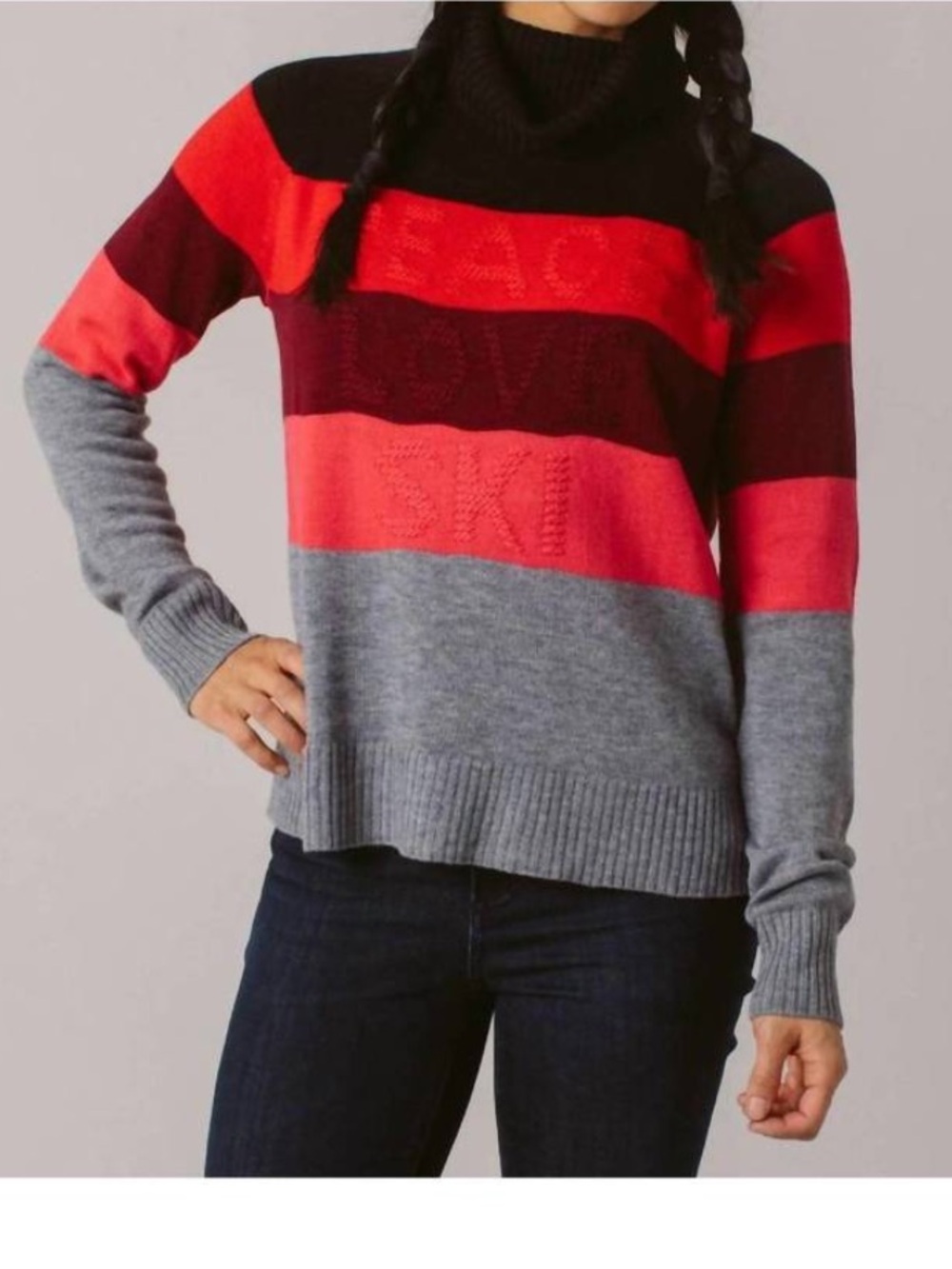 EUC Krimson Klover Joni Striped Sweater Embossed Peace Love Ski Red Gray Small